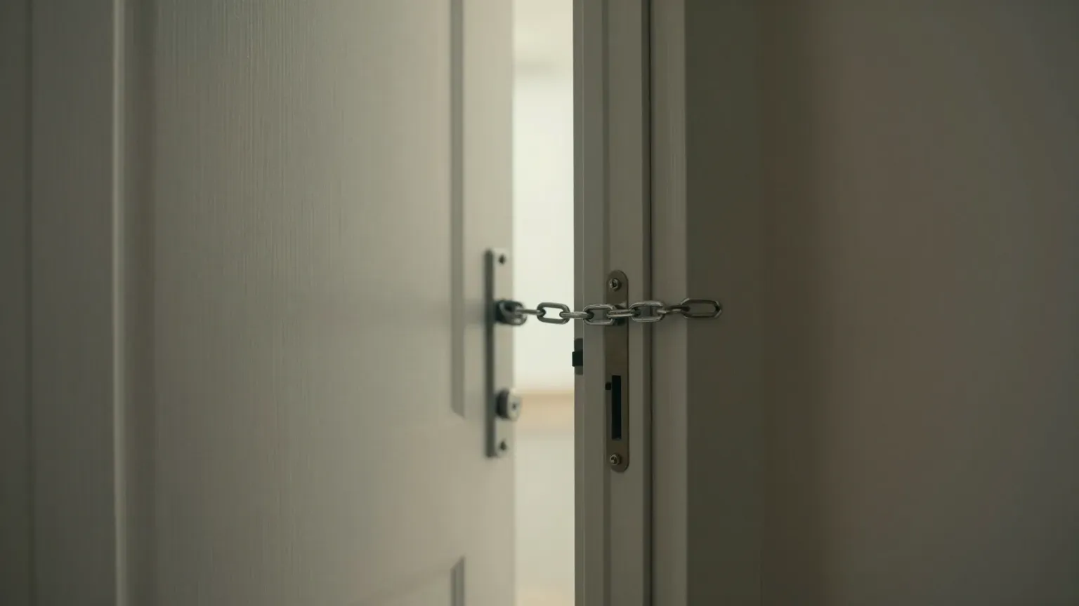 A front door opened a few inches with the security chain still on