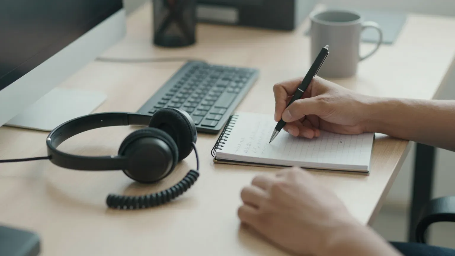 A desk with a telephone headset and a notepad