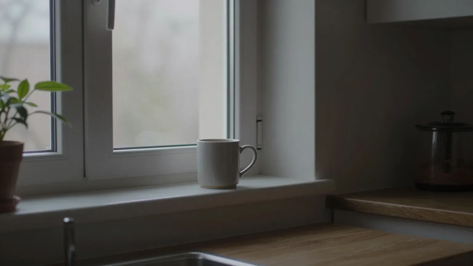A kitchen window at dawn with a single mug on the sill