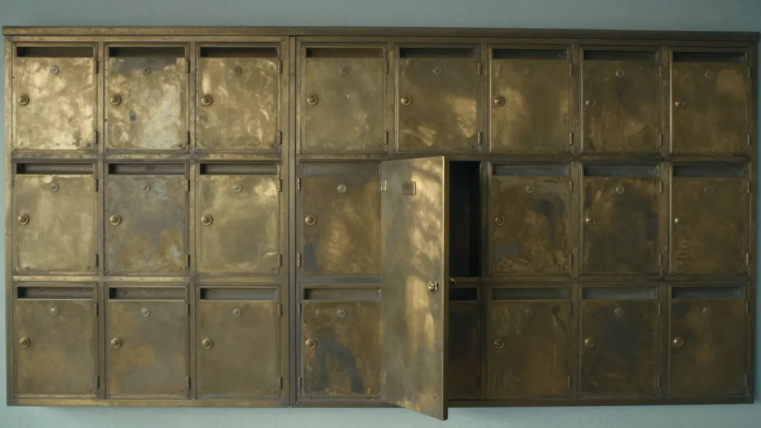 A wall of old brass mailboxes, one door ajar