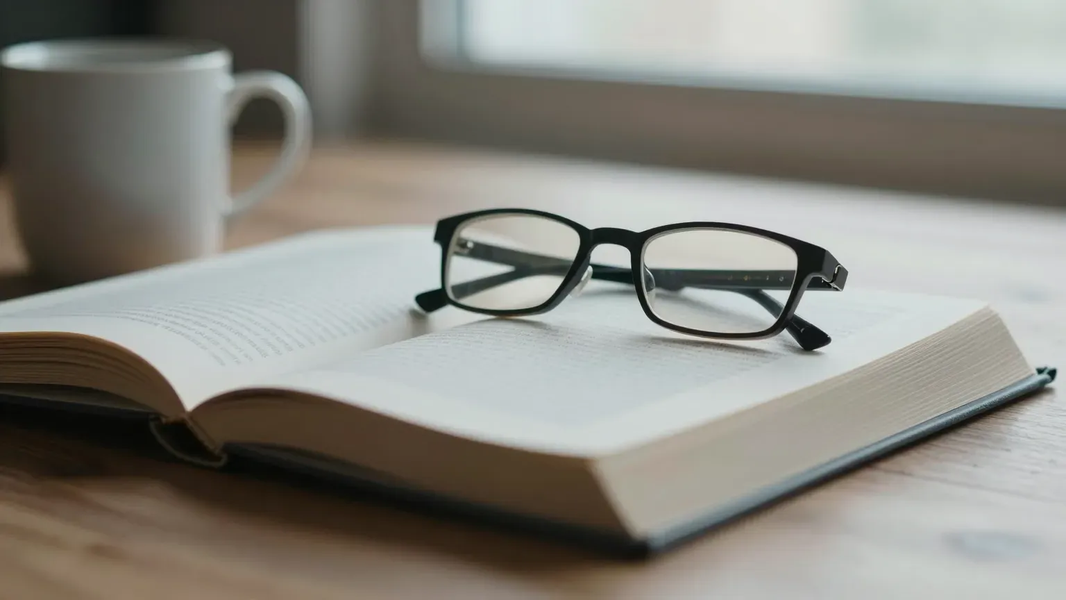 Reading glasses resting on an open book beside a mug