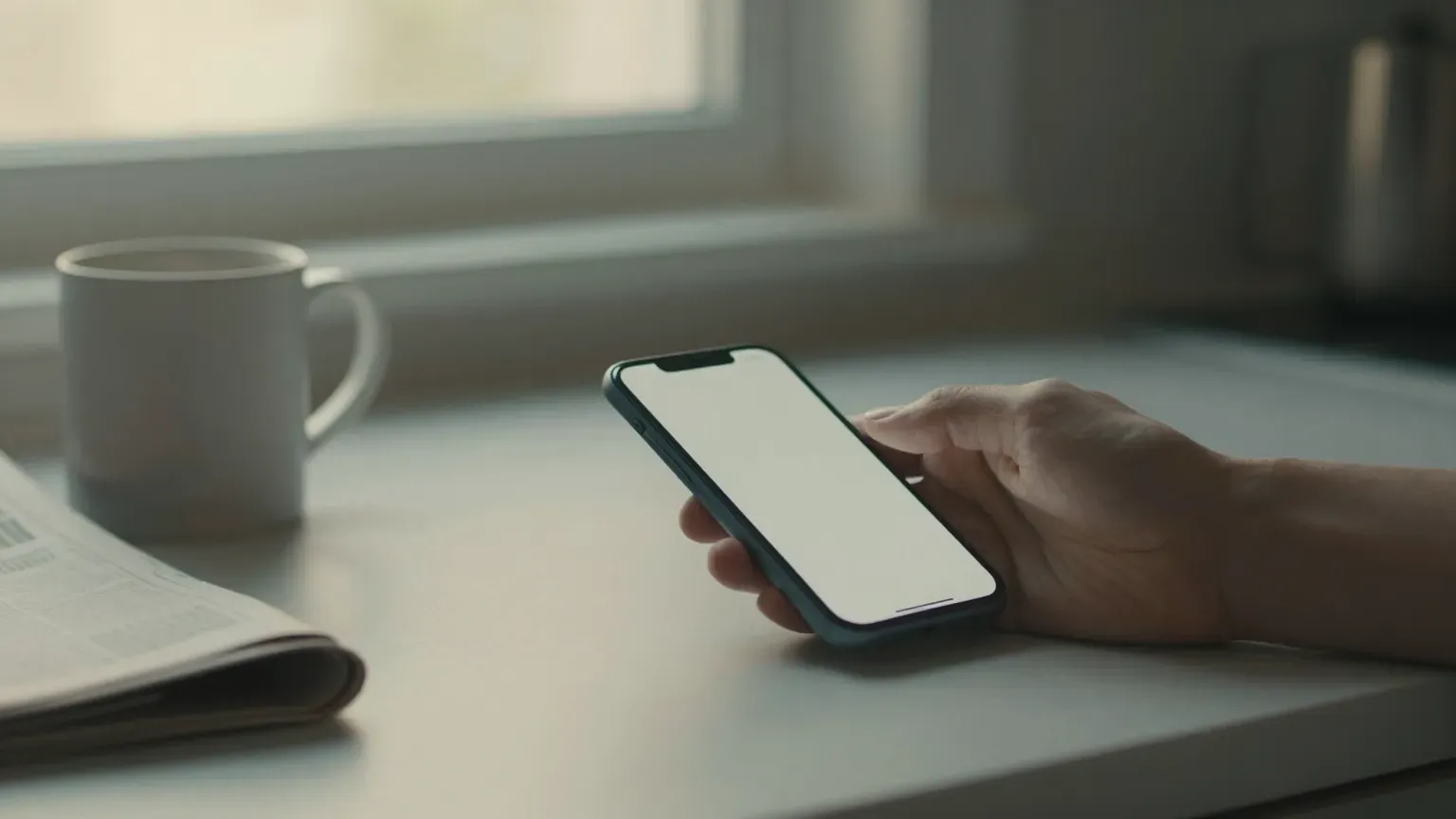 A hand resting on a phone on a kitchen counter
