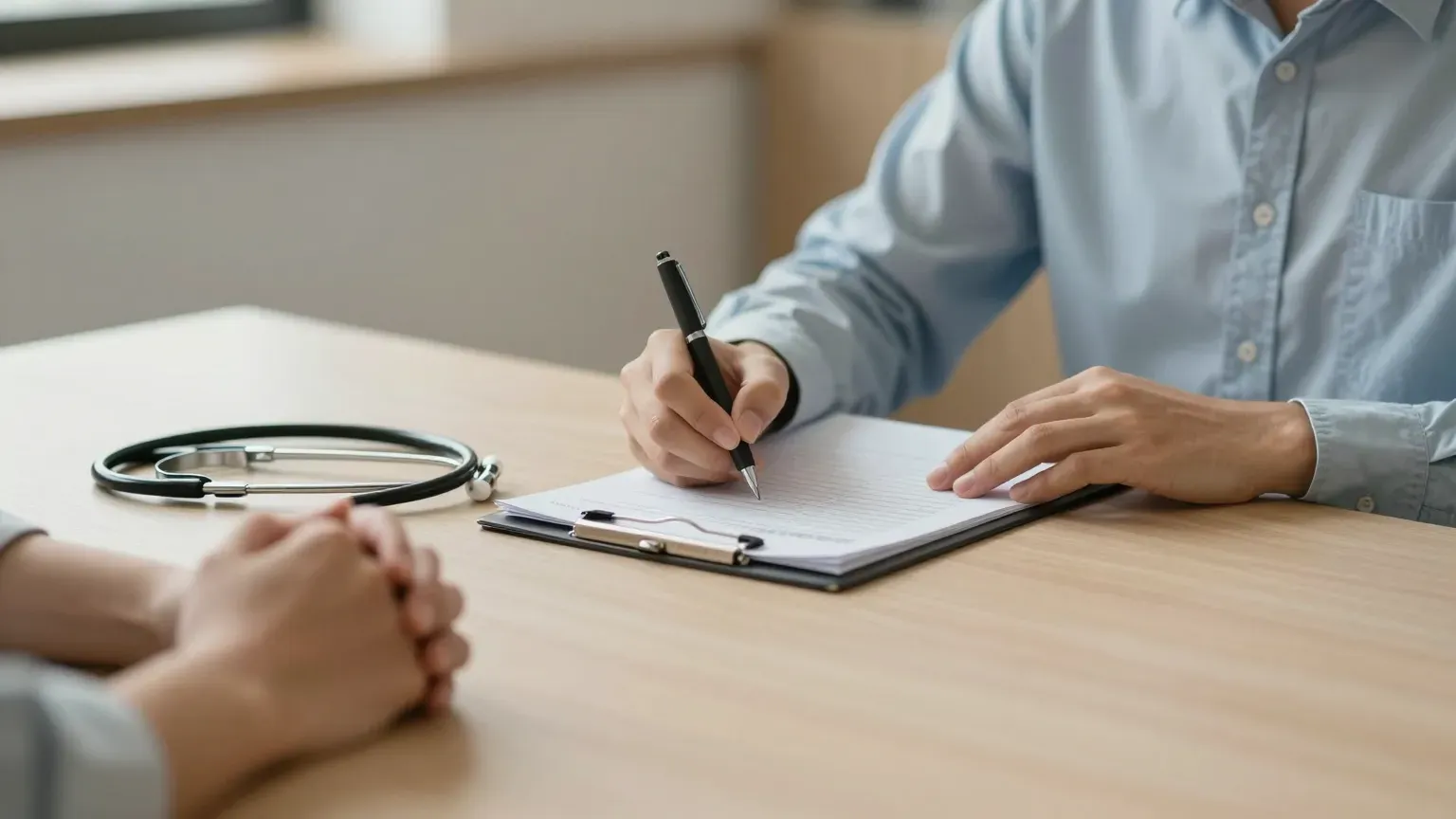 A clinician making notes on a chart, a patient sitting opposite